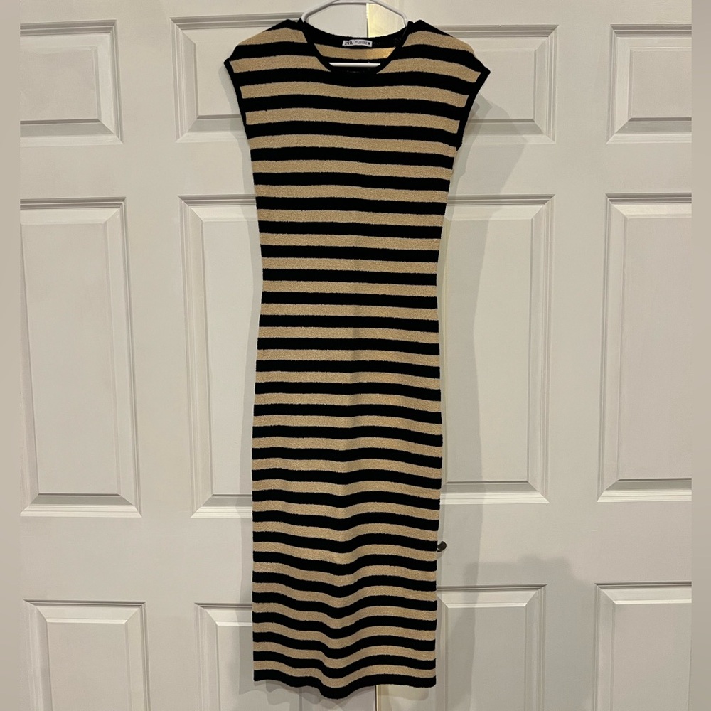 Zara Striped Black and Cream Midi Dress